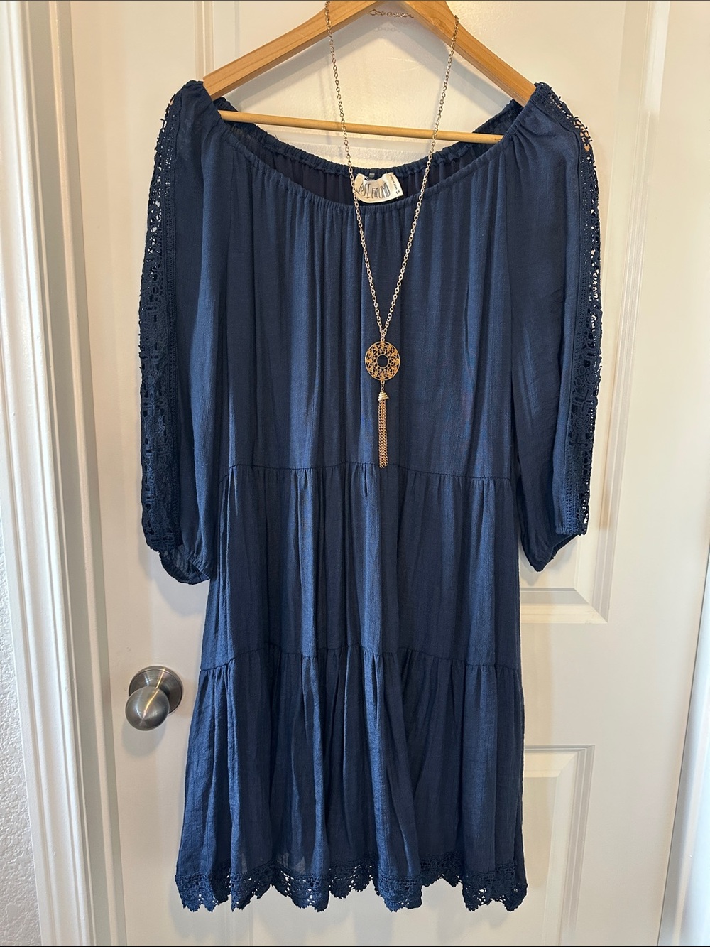 Boho Off-Shoulder Tiered Dress - Navy